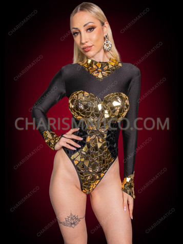 Black Gold Mirror Disco Ball Dance Long Sleeve Bodysuit