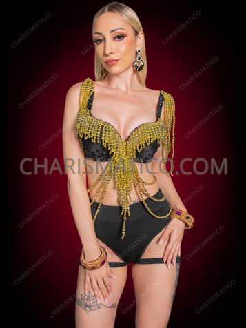 Black Gold Beaded Fringe Showgirl Bra with Hip Chains