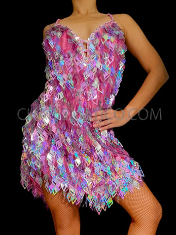 Pink Sequin Diva Salsa Dance Dress With Diamond Sequin