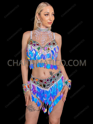 Holographic Electric Pearl Sequin Rave Two-Piece Set
