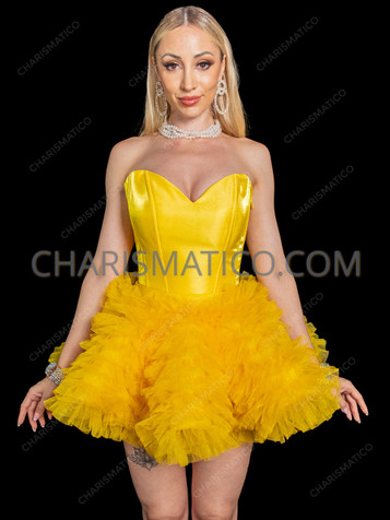 Yellow Bombshell Satin Corset & Tulle Bubble Skirt Set