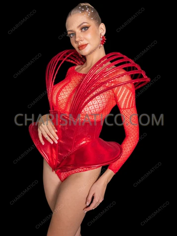 Futuristic Red Metallic Sculptural Cage Shoulder Corset