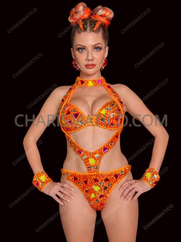Neon Orange Crystal Geometric Cutout Rave Leotard Set