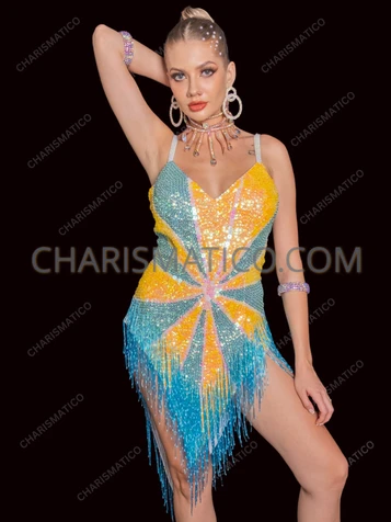 Glamorous Aqua Yellow Sequin Starburst Drag Queen Dance Dress