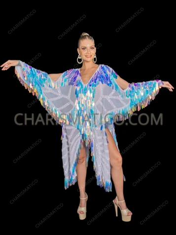 Iridescent Aqua Paillette Sequin Butterfly Wing Showgirl Tunic Dress