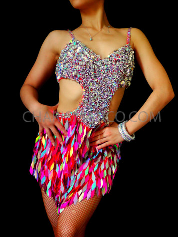 Iridescent Fuchsia Sequin Diva Salsa Dress With Silver Beaded Cutout Top