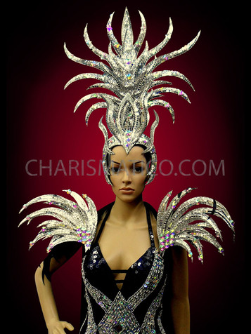 Showgirl Or Drag Queen's Black And Silver Headdress And Matching Collar