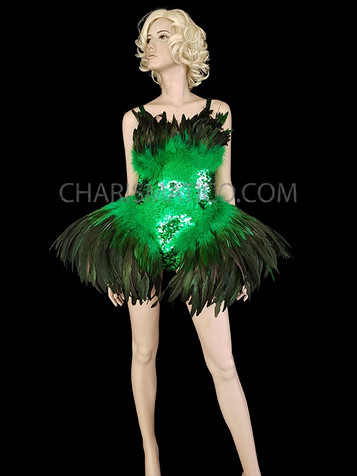 Neon Green Diva Sequin Dress with Black Feather Skirt and Chest Trim