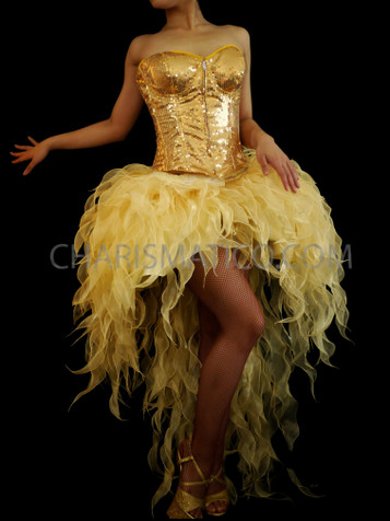 Flashy Sequined Corset Organza Flame Ruffled Golden Showgirl Diva Dress
