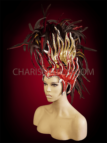 Red Gold Fire Glitter Drag Queen Mohawk Headdress With Black And Red Feathers