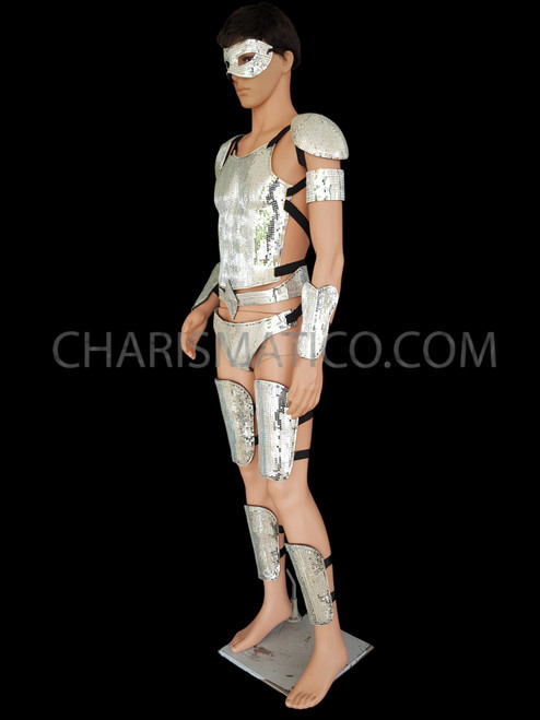 Male Warrior Futuristic Styled Silver Mirror Tiled Covered Armor Costume Set