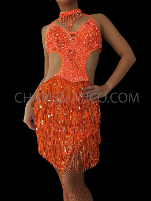 Orange Sequin Fringe Bachata Dance Dress