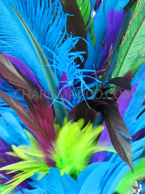 Blue Drag Queen Headdress With Green And Purple Feather Accent
