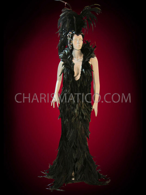Raven Feathered Drag Queen's Gown With 