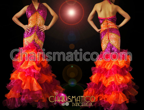 Fuchsia And Orange Striped Sequin Gown 
