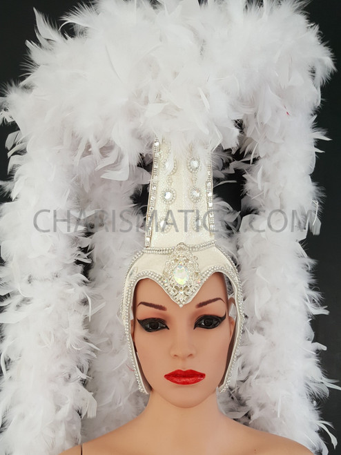 White Tall Style Feather Boa Headdress With Crystals