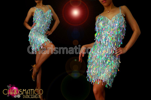 Glittery Silver Latin Dance Dress With 