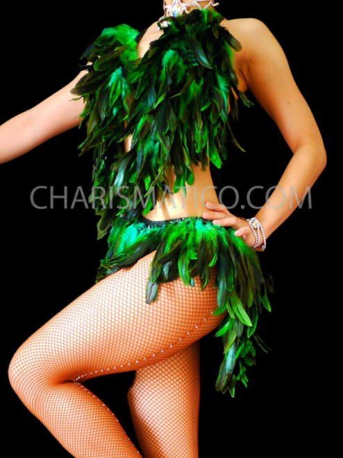 Green Feather Samba Burlesque Dance Leotard