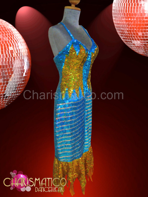 blue and gold sequin dress