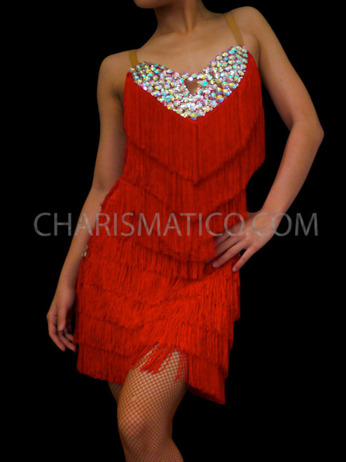 Red Fringe Latin Dance Sexy Hip Cut Out Dress