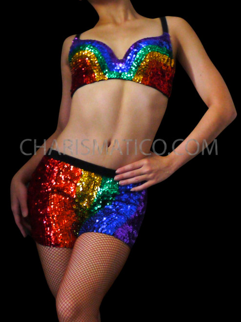 Rainbow Sequined Gay Pride Bra Top And Short Hot Pants