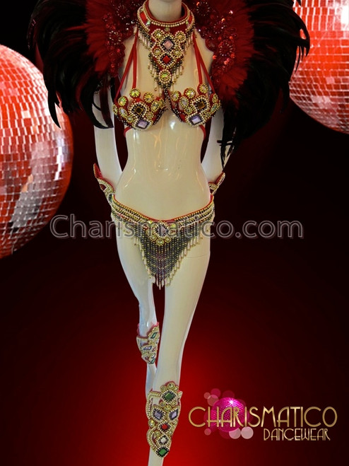 Brazilian Gold And Red Fire Carnival Bra And Thong Set