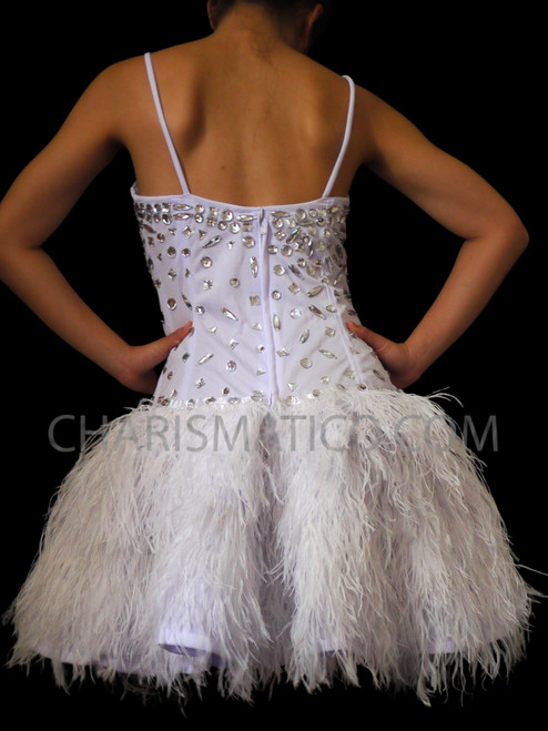 White Corset Style Dress With Crystal Details And Full Ostrich Feather ...
