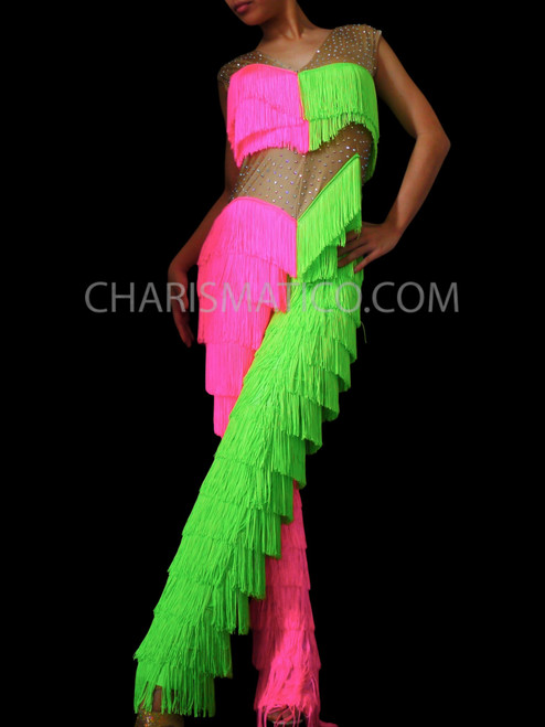 Neon Pink And Green Crystal Fringed Dance Pantsuit With Two-Piece Illusion  Top