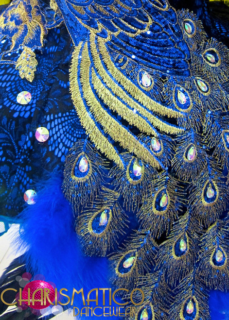 Exotic Midnight Velvet Bejeweled Royal Blue Peacock Embellished Dollie Dress