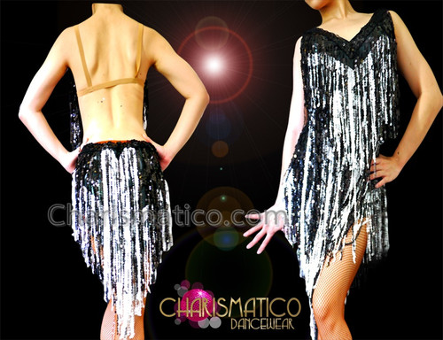 Diva's Black And White Sequin Fringe Latin Salsa Dance Dress