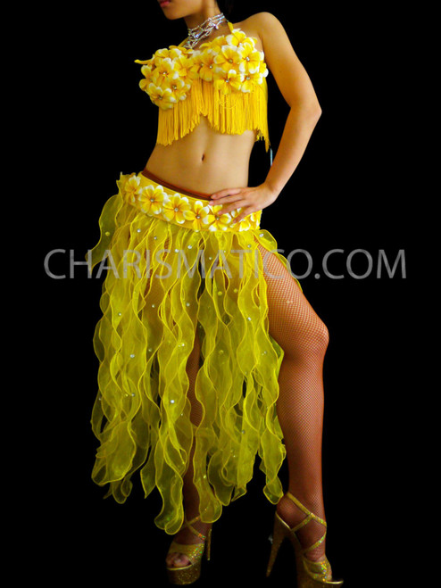 Yellow Flowery Hawaii Ruffle Skirt And Flower Bra