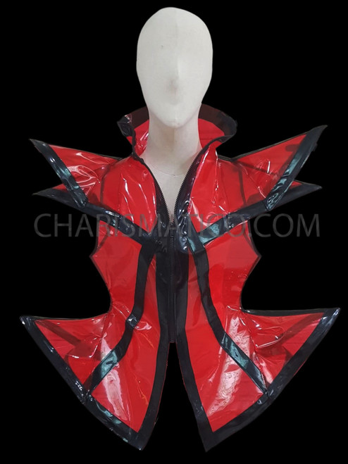 Red Trimmed Smoky Sheer Shiny Vinyl Futuristic Transparent Diva Jacket