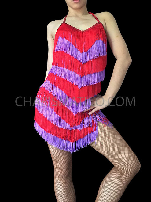 red and blue fringe dress