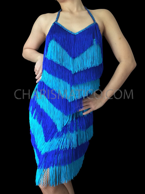 Chevron Patterned Royal And Sky Blue Fringe Halter Dance Dress