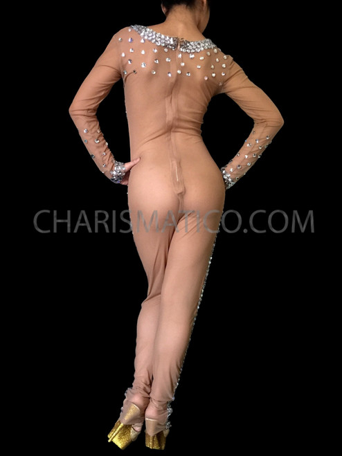 Nude Spandex Catsuit Styled Body Stocking With Iridescent Crystal