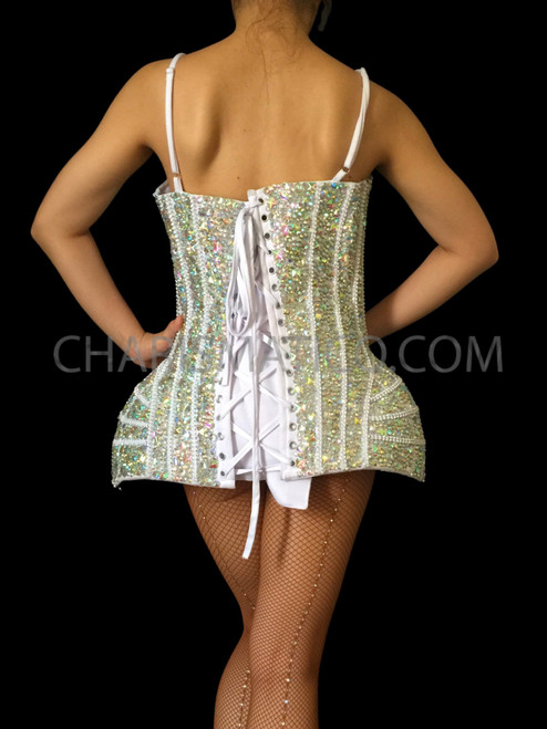 White Rhinestone Boned Iridescent Crystallized Accented Hip Corset Diva  Dress