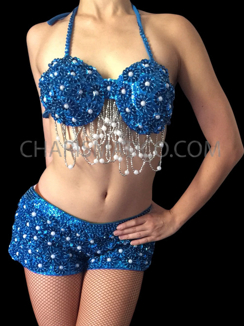 Royal Blue Beaded Bra With Pearl Accents And Matching Pants