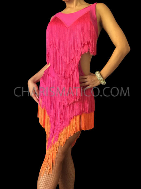 Hot Pink And Orange Deep V Hem Latin Dance Dress