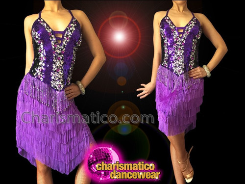 Sexy Purple Fringe Crystal Sequin Halter Style Latin Dance Dress