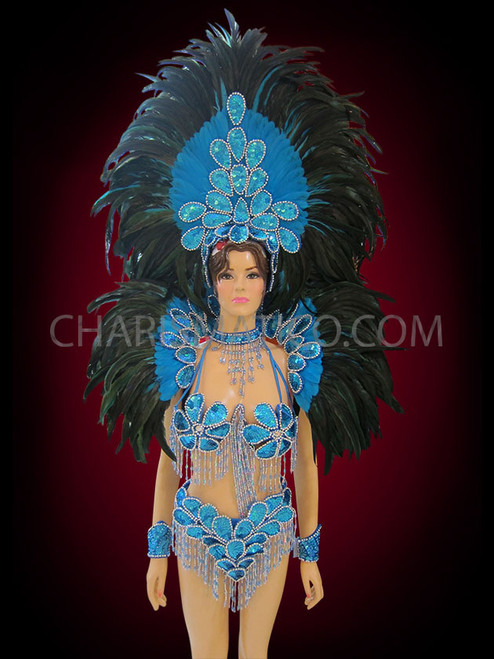 Complete Coordinated Sky Blue Sequin And Feather Brazilian Carnival Set