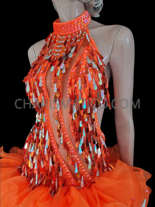 Slash Style Iridescent Orange Diamond Sequin Bead Accent Dance Dress