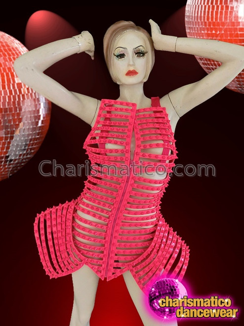 Neon Pink Diva Exoskeleton Geometrical Dress With Front Zipper