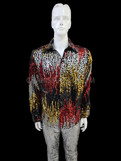 Red Silver Sequin 70s Disco Party Men Shirt