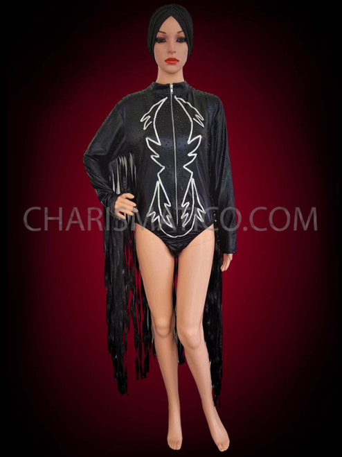 Drag Queen Bodysuit Women Outfit Black Gold Fringe Rhinestone Body
