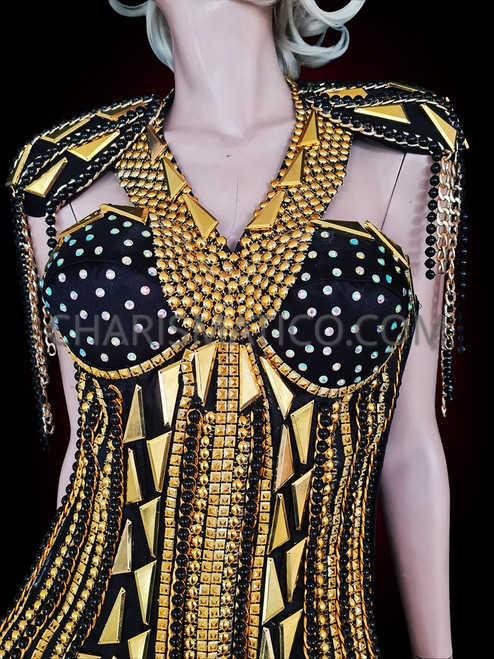 Diva Gold Corset With Gold Chains, Solid Gold Cut Outs And Silver Sequins