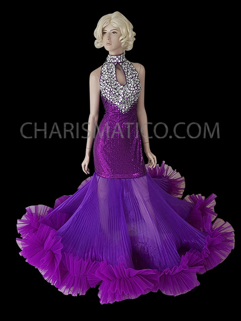 Iridescent Triple-Tone Fire Sequin Drag Queen Gown With Flame Ruffles