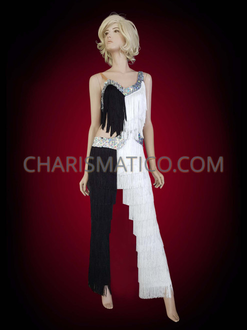 White Fringe Latin Dance Pants With Silver Beaded Top Accents