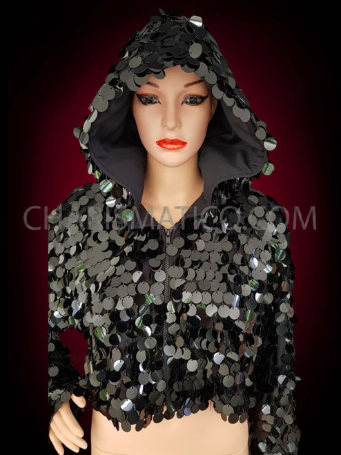 Black Sequin Drag Queen Jacket With Hoodie