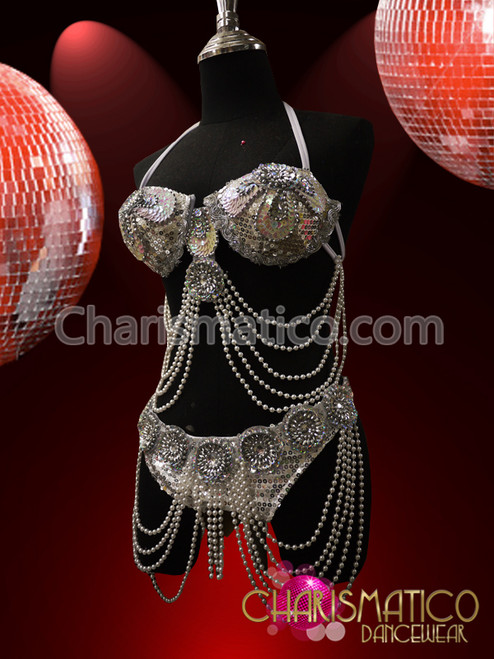 Silver Burlesque Sexy Gogo Beaded Pearl Bra & Thong Lingerie