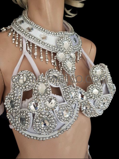 Stunning Silver Samba Bra Set Studded With Rhinestone Crystals